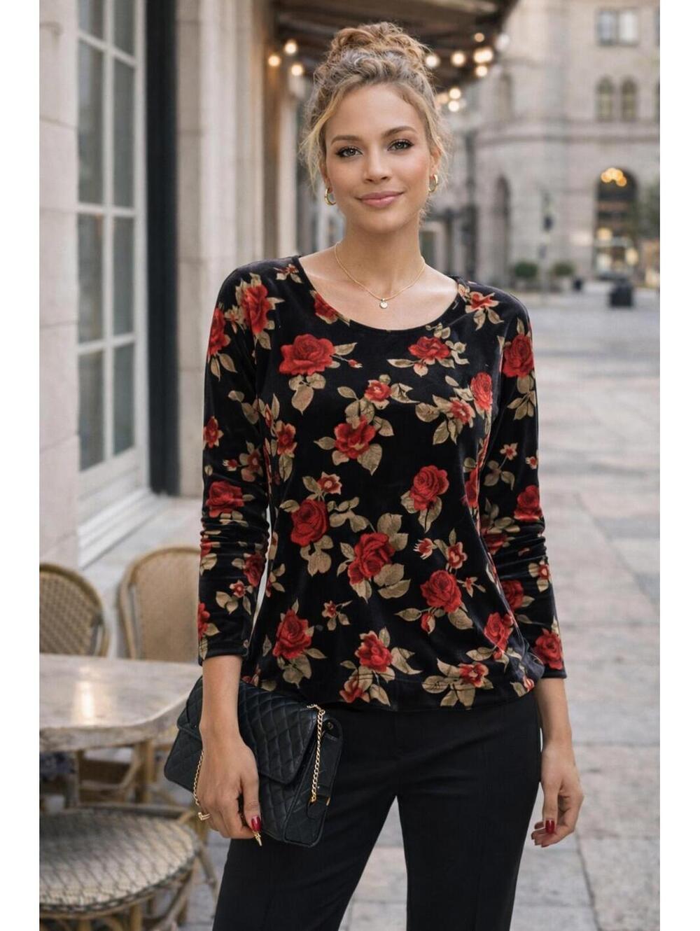 Vintage Casual Corner Women's Velvet Floral Black Red Rose Fitted Top, Lg.
